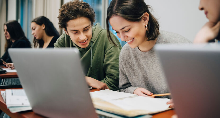 Smiling teenage students studying at desk in school