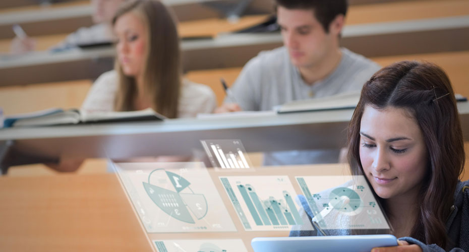 Girl in lecture with data superimposed